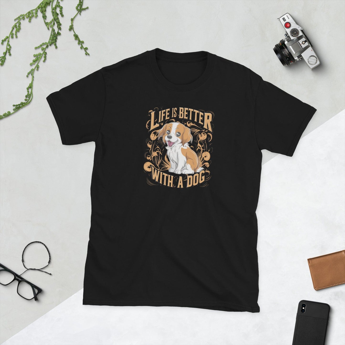 Padres Mágicos Negro / S Camiseta "Vida Mejor con un Perro" - 100% Algodón para Amantes de los Perros