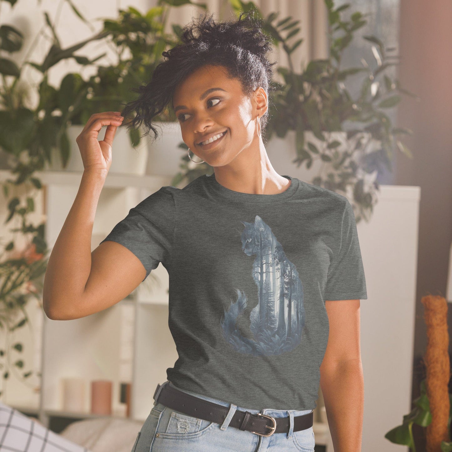 Padres Mágicos Oscuro jaspeado / S Camiseta "Gato del Bosque" - 100% Algodón con Diseño Artístico de Naturaleza