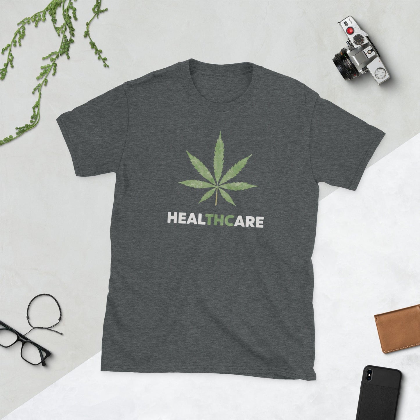 Padres Mágicos Oscuro jaspeado / S Camiseta "Healthcare con THC" - 100% Algodón para Entusiastas de la Marihuana y el Humor