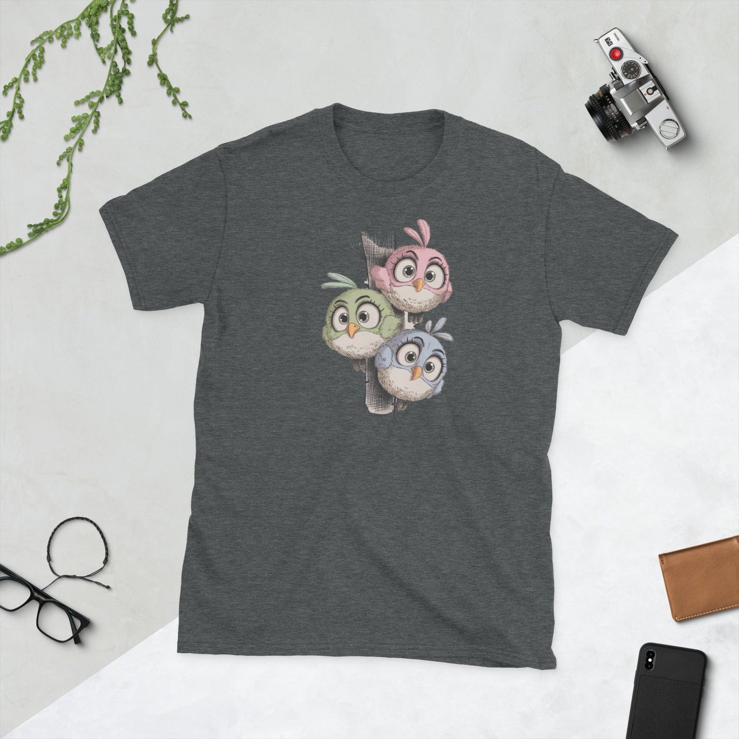 Padres Mágicos Oscuro jaspeado / S Camiseta "Pajaritos de Colores" - 100% Algodón con Diseño Adorable