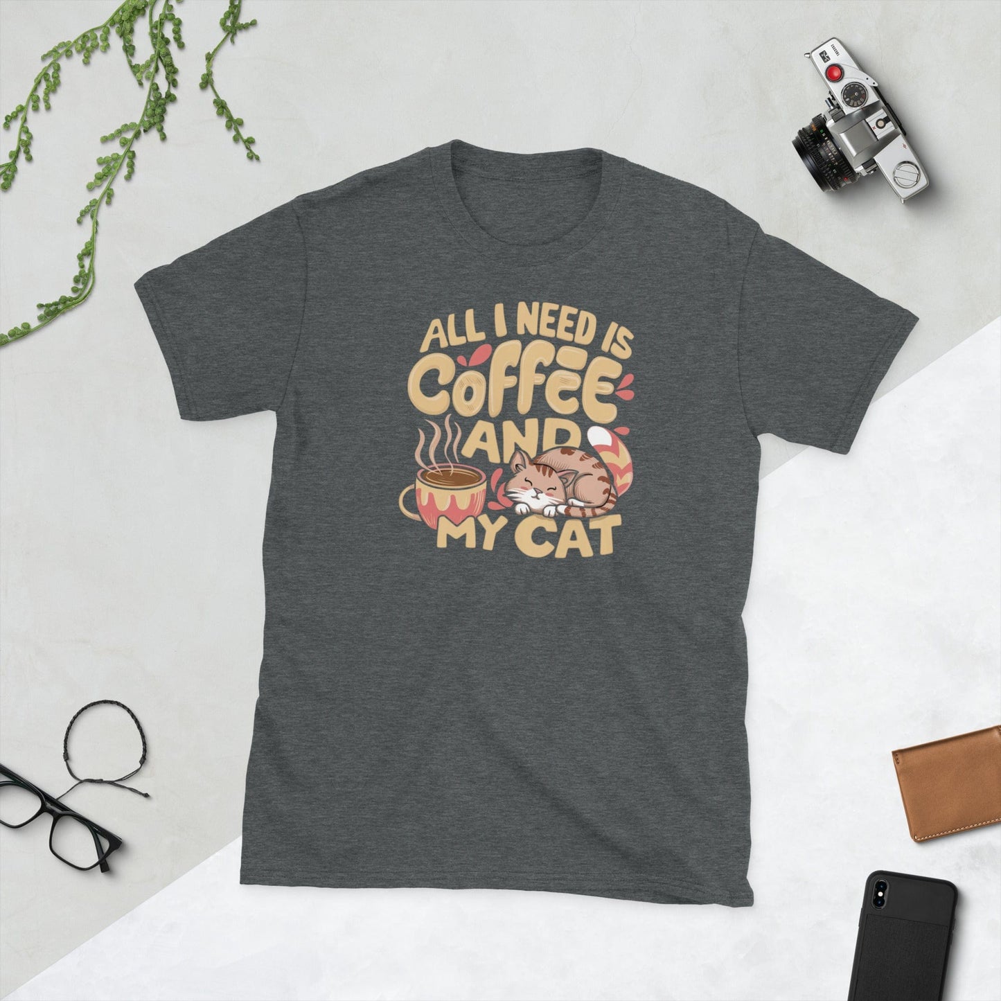 Padres Mágicos Oscuro jaspeado / S Camiseta "Todo lo que necesito es café y mi gato" - 100% Algodón para Amantes de Gatos