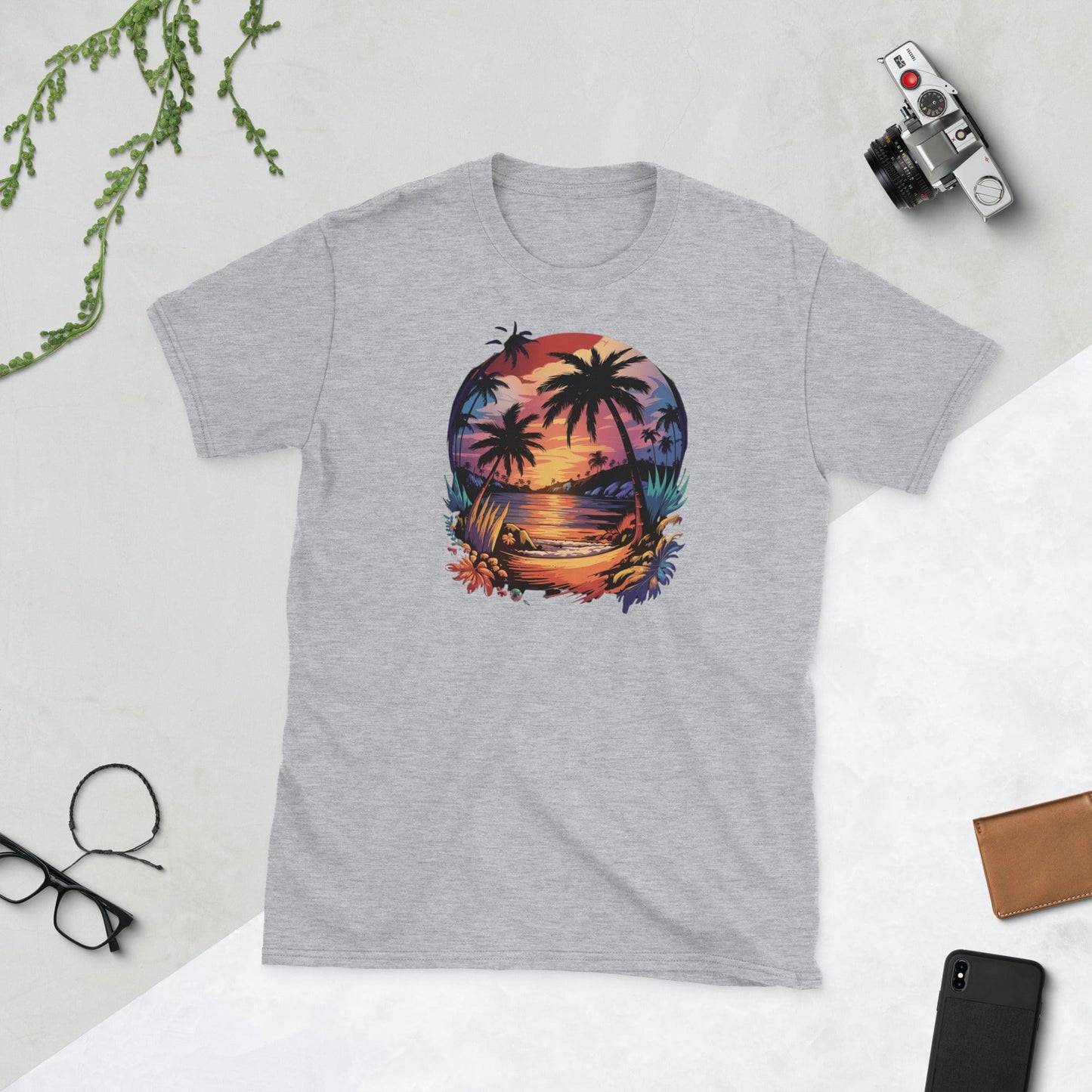 Padres Mágicos Sport Grey / S Camiseta "Paraíso Tropical" - 100% Algodón con Diseño de Atardecer Exótico