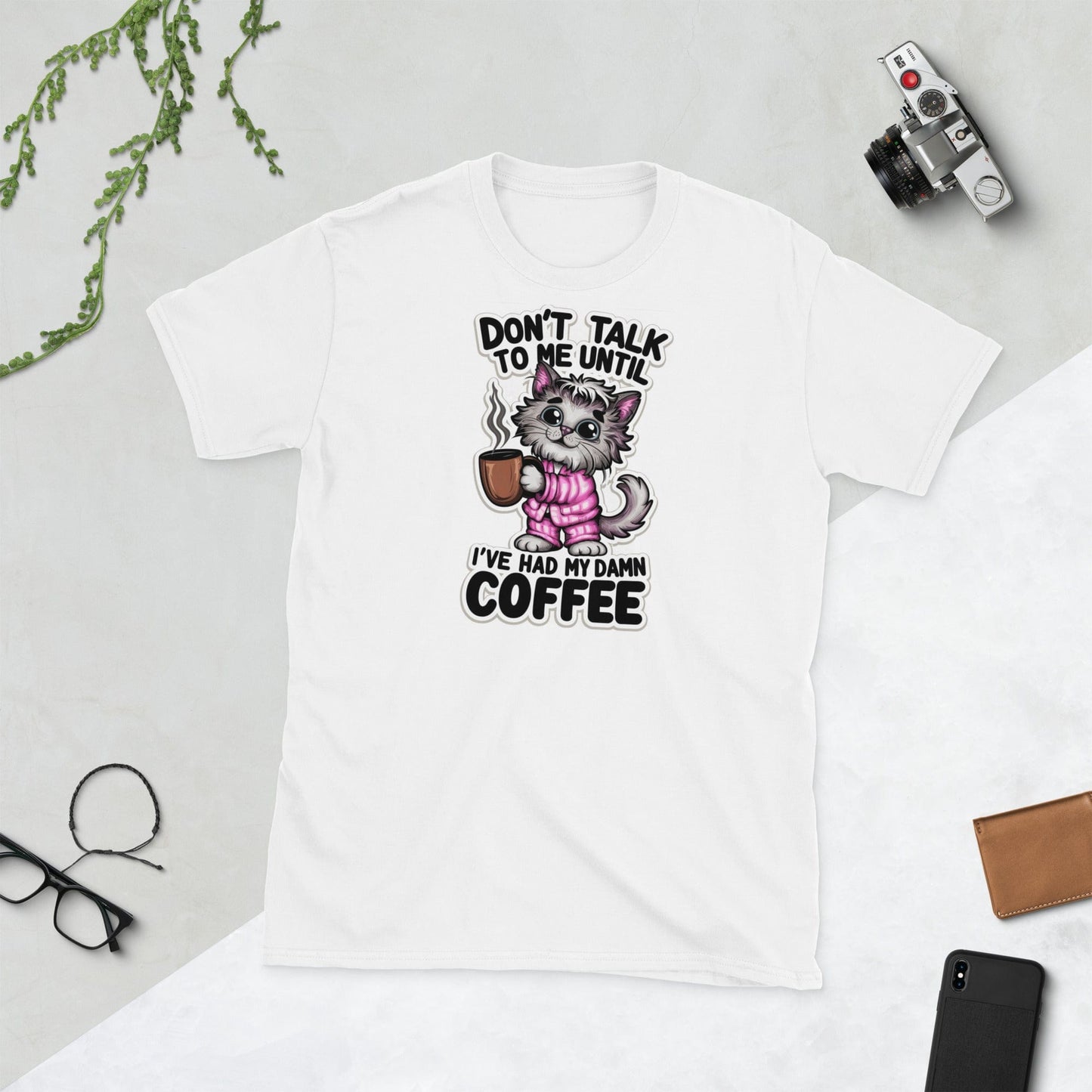 Padres Mágicos White / S Camiseta "Don't Talk to Me Until I've Had My Damn Coffee" - 100% Algodón con Diseño Divertido de Gato