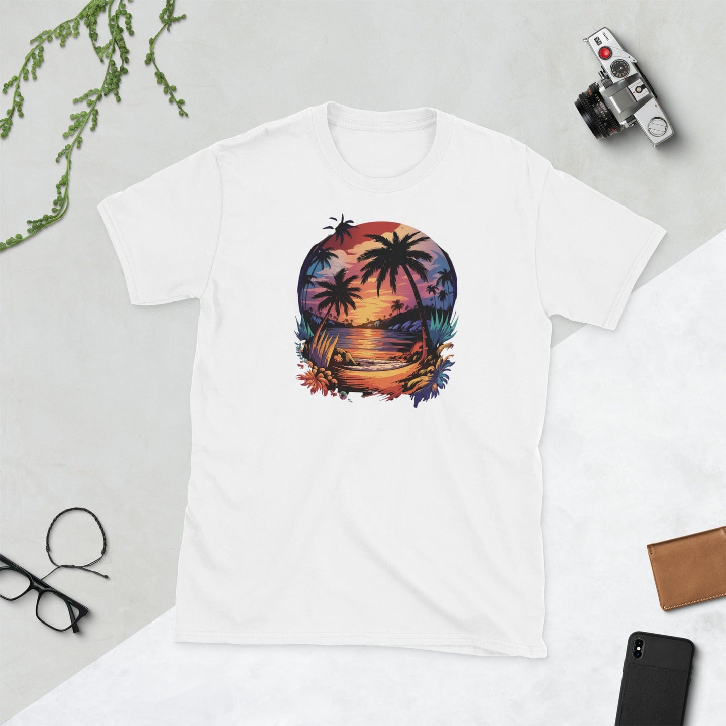 Padres Mágicos White / S Camiseta "Paraíso Tropical" - 100% Algodón con Diseño de Atardecer Exótico