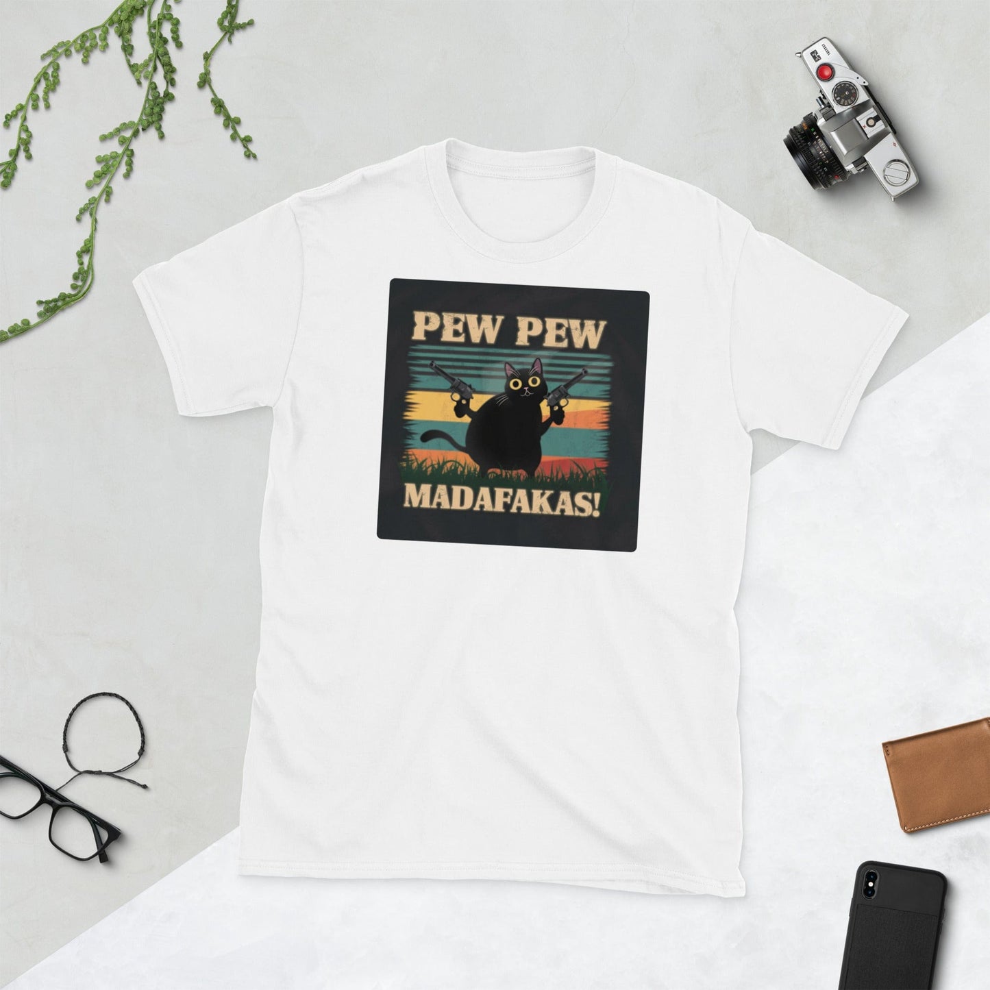 Padres Mágicos White / S Camiseta "Pew Pew Madafakas" - 100% Algodón con Diseño Divertido de Gato